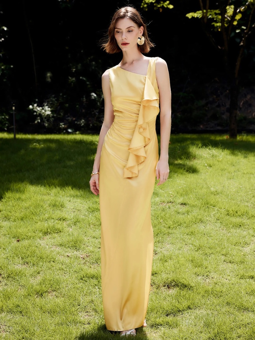 Commense Elegant Yellow Ruffle Evening Dress XS NWT
